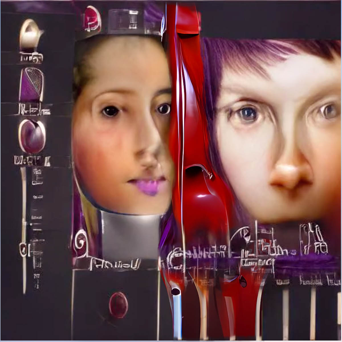 Artificial intelligence-generated image showing two faces. They look slightly blurred. Between and next to them are stylised instruments in reddish colours and purple.